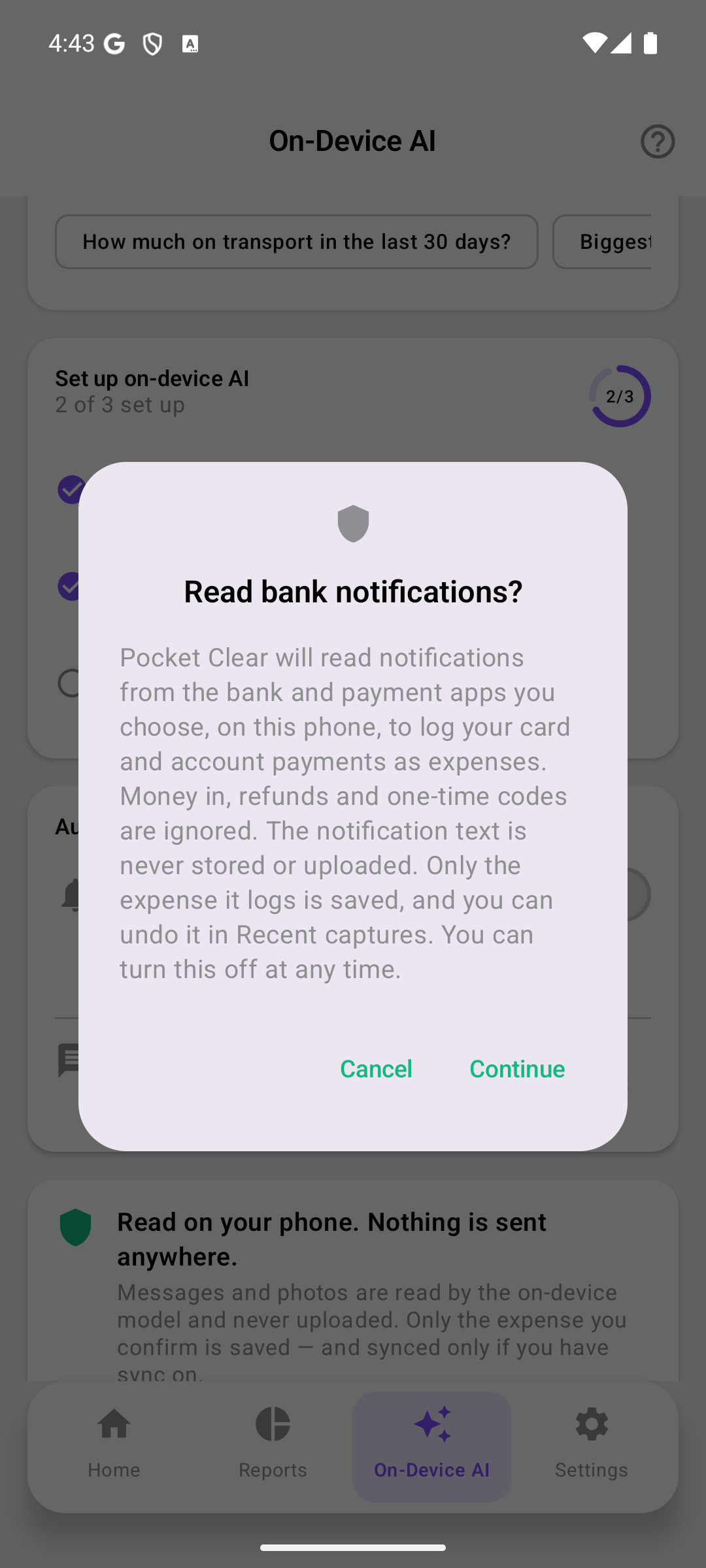 The Read bank notifications? explainer in Pocket Clear on Android, with a Continue button.