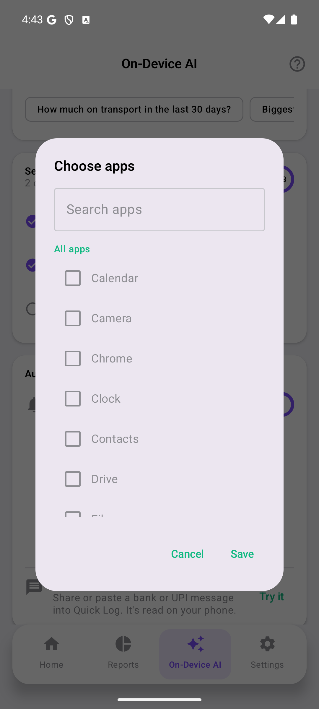 The Choose apps list in Pocket Clear, where you tick only your bank and payment apps.