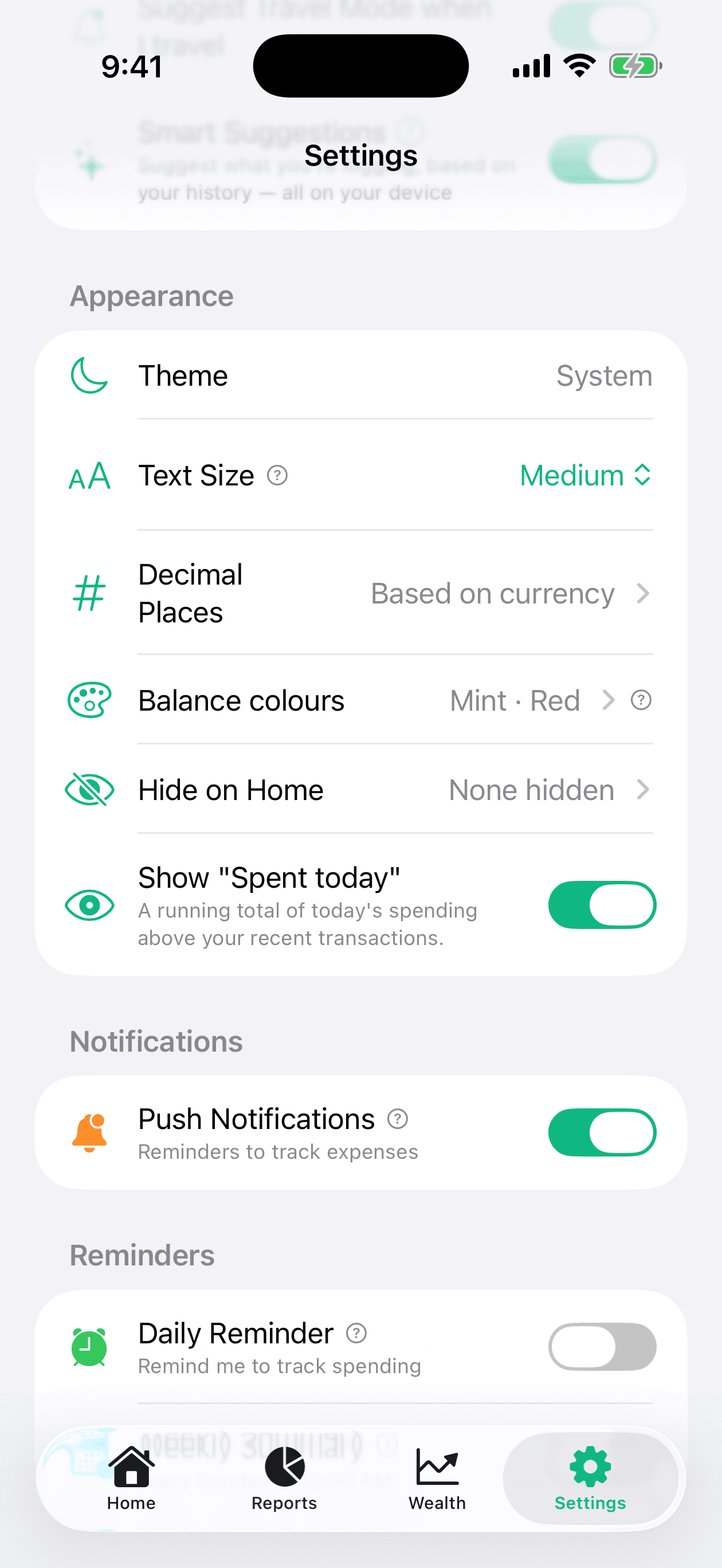 Appearance section of Settings showing the Theme, Text Size, Decimal Places, Balance colours and Hide on Home rows above the Show "Spent today" toggle.