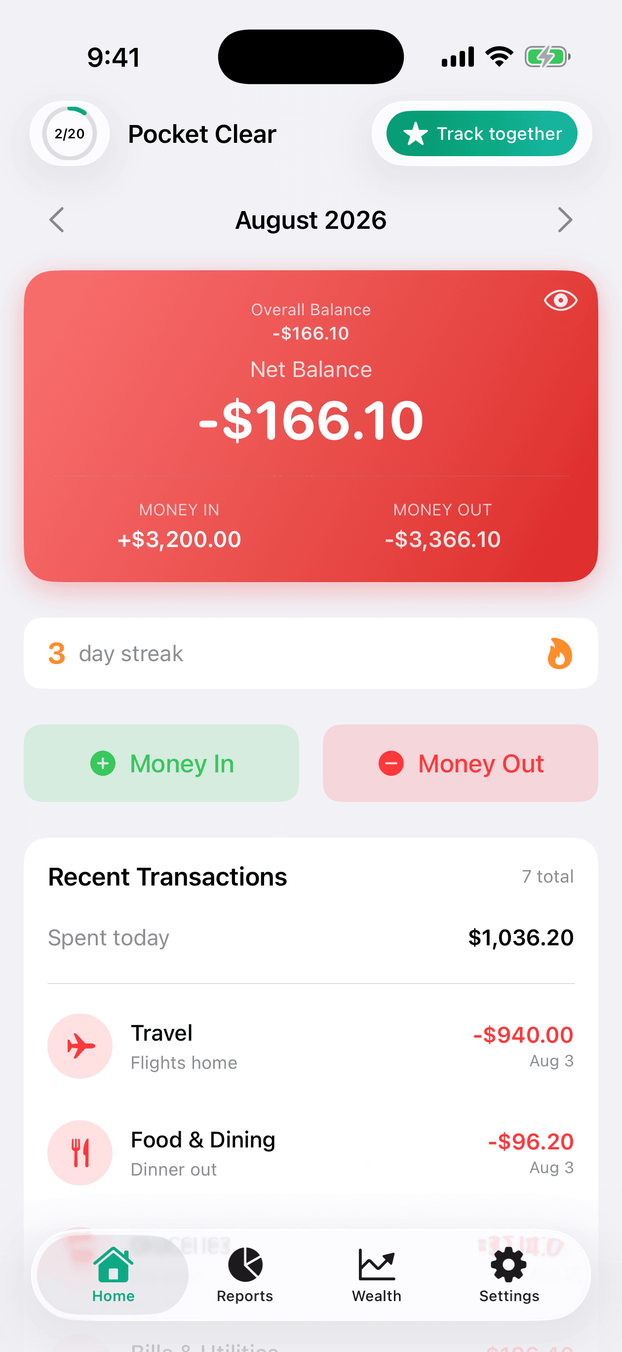 Home screen balance card for a month that ended down, shown in red after choosing Red for a negative balance in Settings → Appearance.