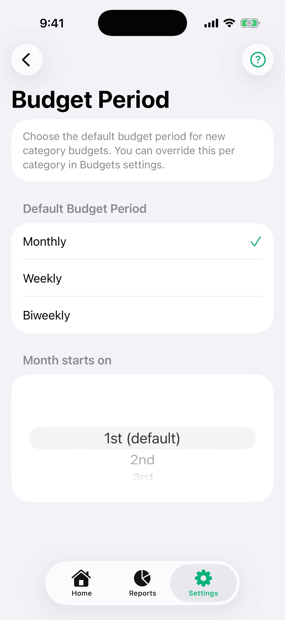 Settings screen showing the Budget Period selector with all four options (weekly, bi-weekly, monthly, yearly).