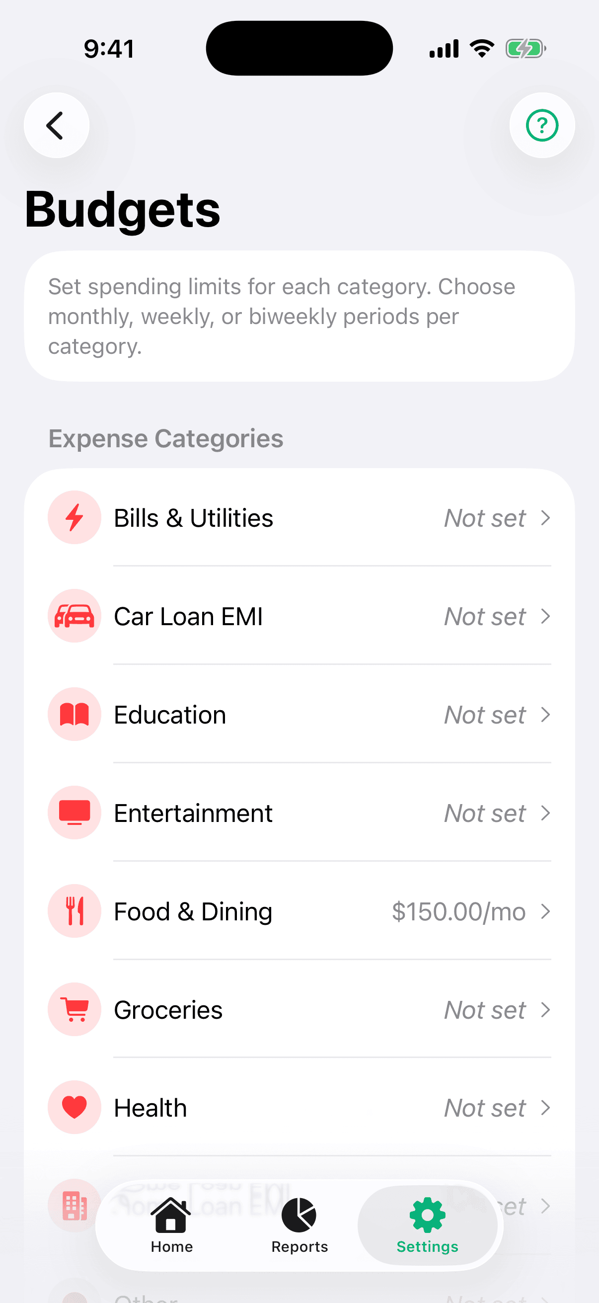 Add Budget form with type selection (Overall or Category).