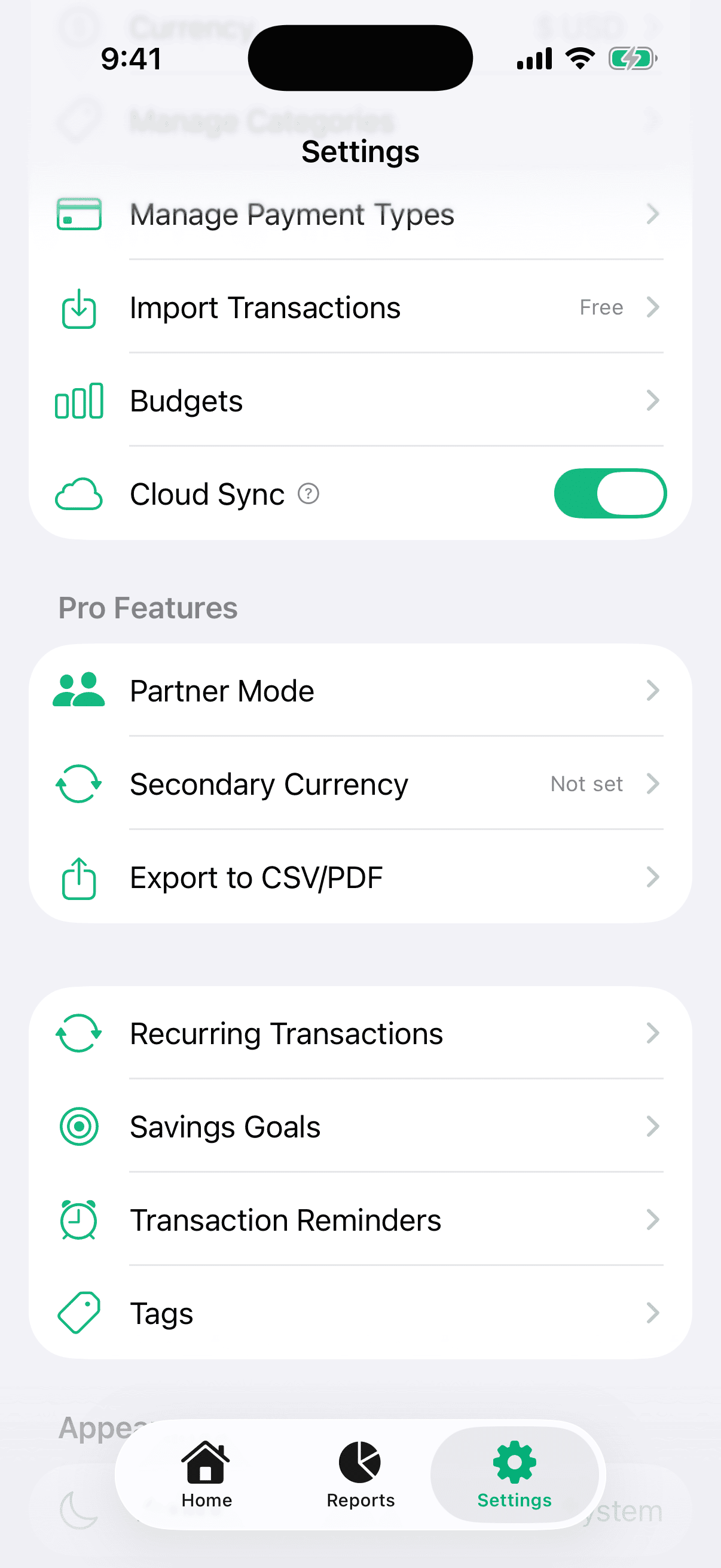 Cloud Sync settings screen showing the toggle enabled, last sync time, and encryption status.