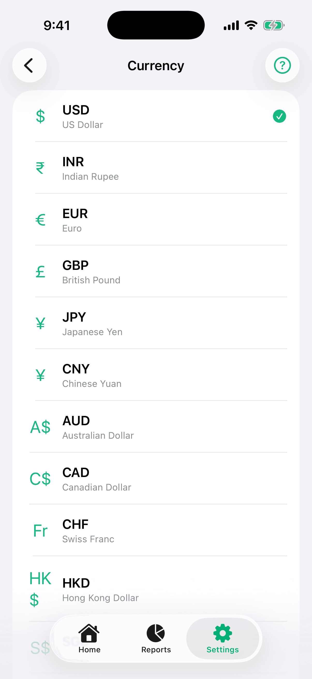 Settings screen showing the Currency picker with search field and currency list.