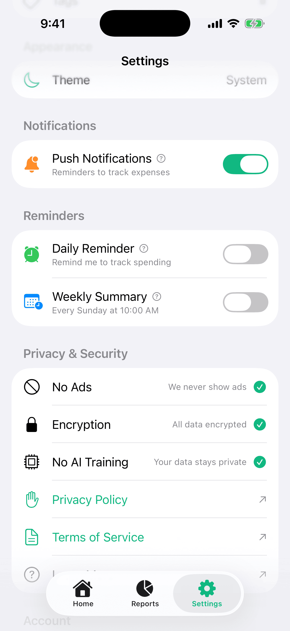 Notifications settings showing the Daily Reminder toggle enabled with the time picker set to 8:00 PM.