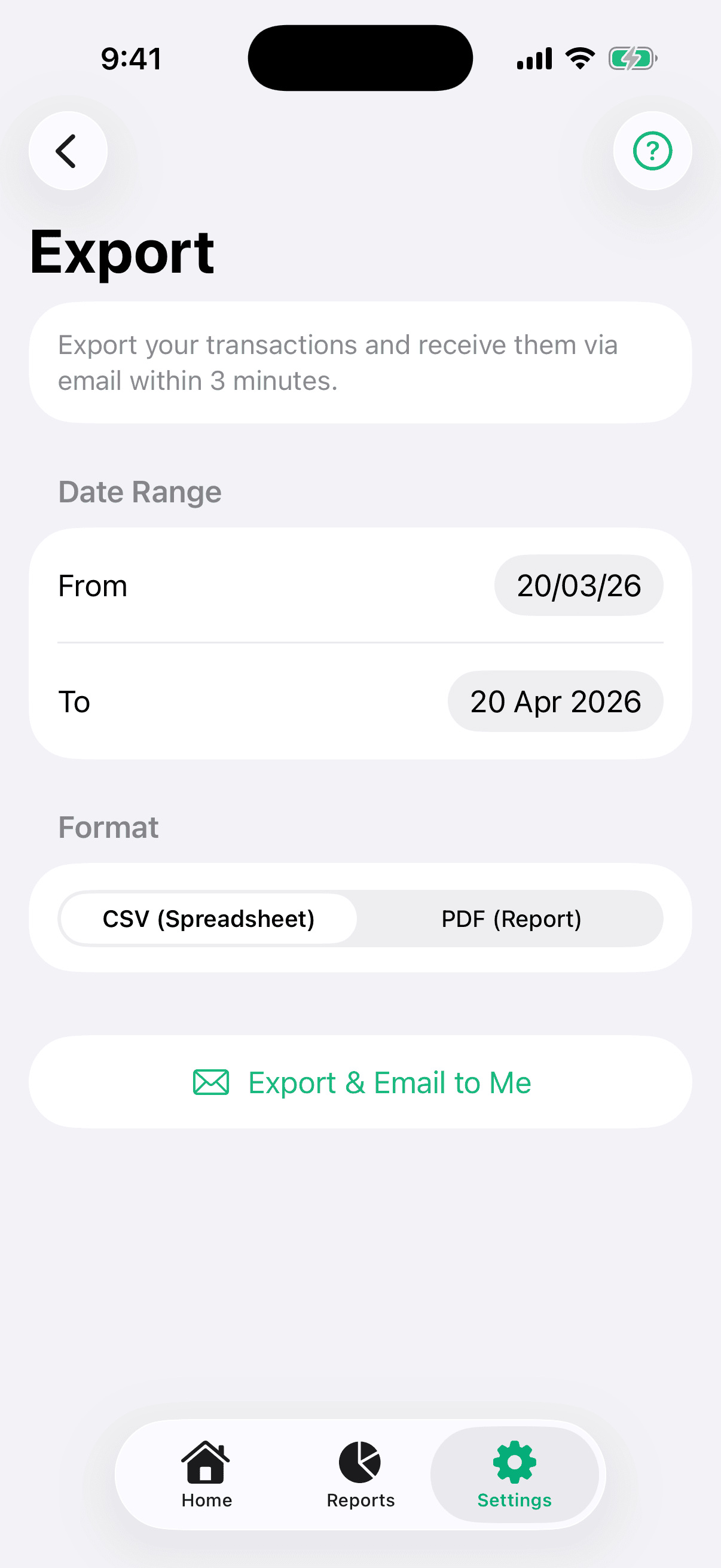 Export screen showing format selection (CSV/PDF), date range picker, and partner filter options.