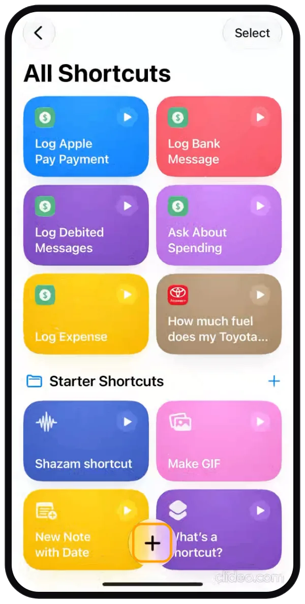 Step 1: The All Shortcuts screen in Shortcuts with the + button highlighted