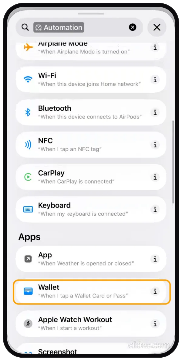 Step 2: The Automation trigger list with Wallet, When I tap a Wallet Card or Pass, highlighted