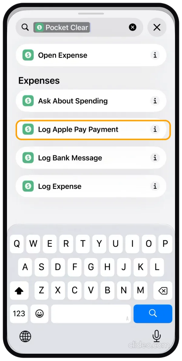 Step 3: Pocket Clear's Shortcuts actions with Log Apple Pay Payment highlighted