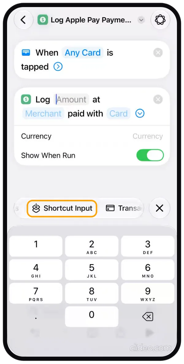 Step 4: The Log Apple Pay Payment action with Amount selected and Shortcut Input highlighted in the bar above the keypad