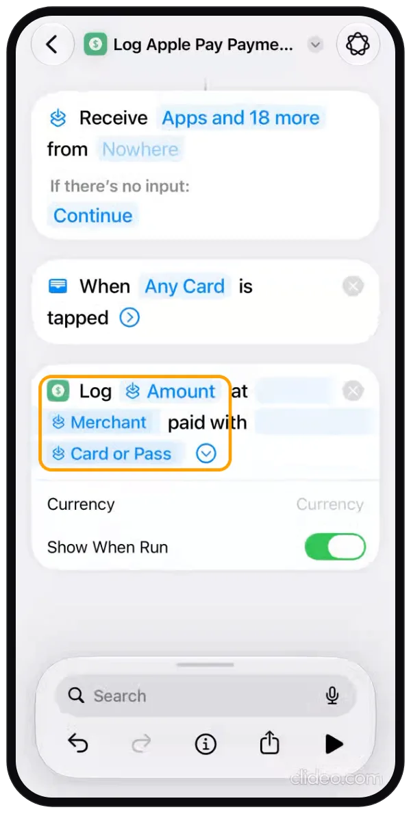 Step 5: The finished automation: Amount, Merchant and Card or Pass shown as solid blue tokens