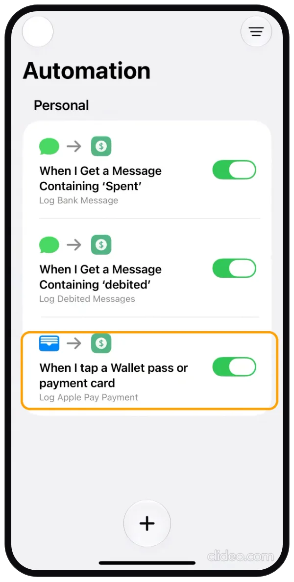 Step 6: The Automation list with the Wallet automation switched on