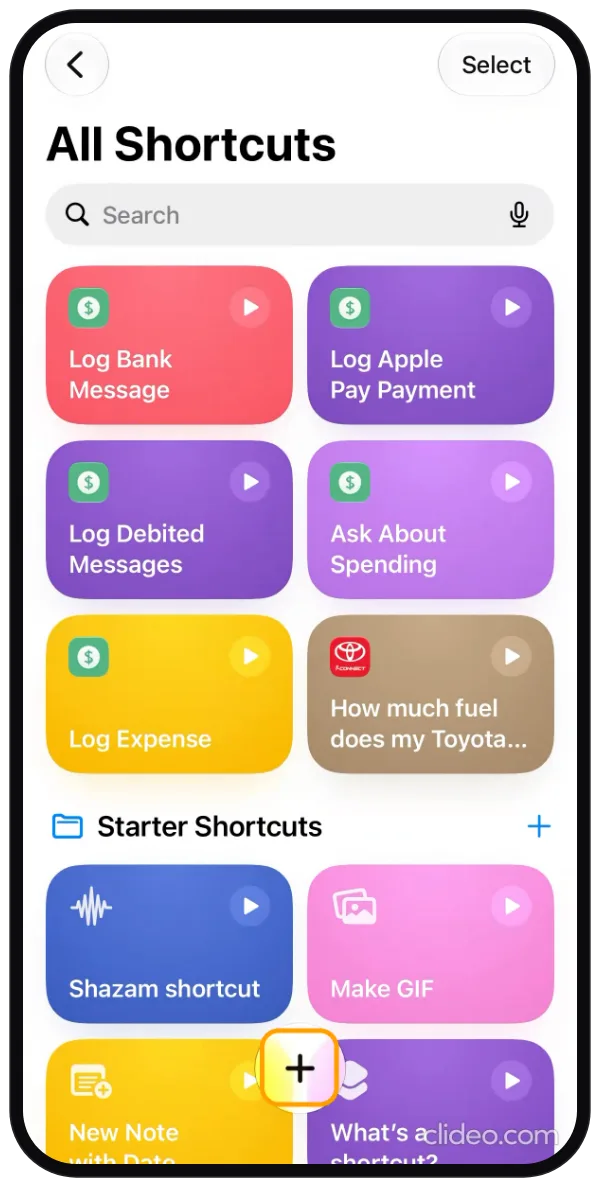 Step 1: The All Shortcuts screen in Shortcuts with the + button highlighted