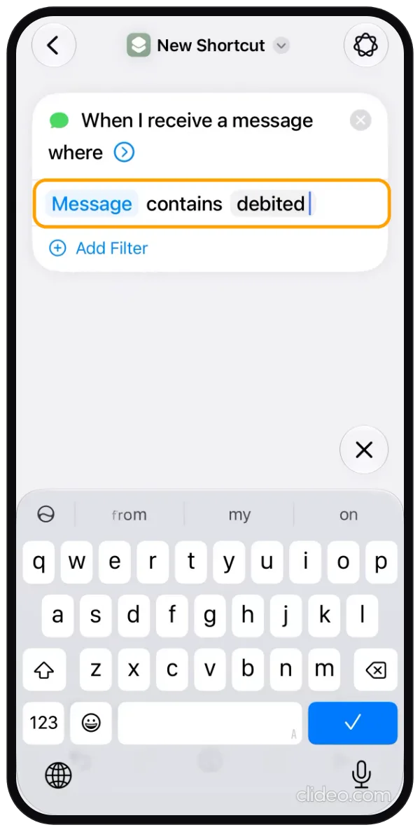 Step 2: The message trigger set to Message contains debited