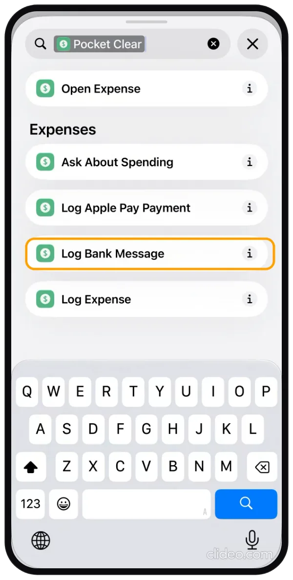 Step 3: Pocket Clear's Shortcuts actions with Log Bank Message highlighted