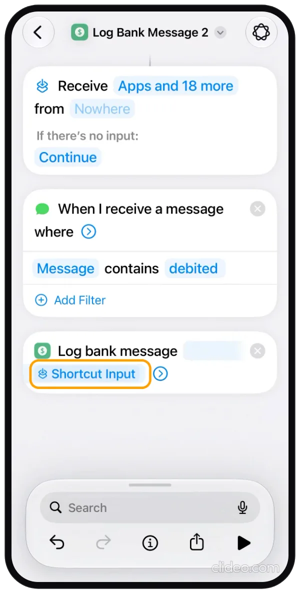 Step 5: The finished automation with a solid blue Shortcut Input token in Log Bank Message