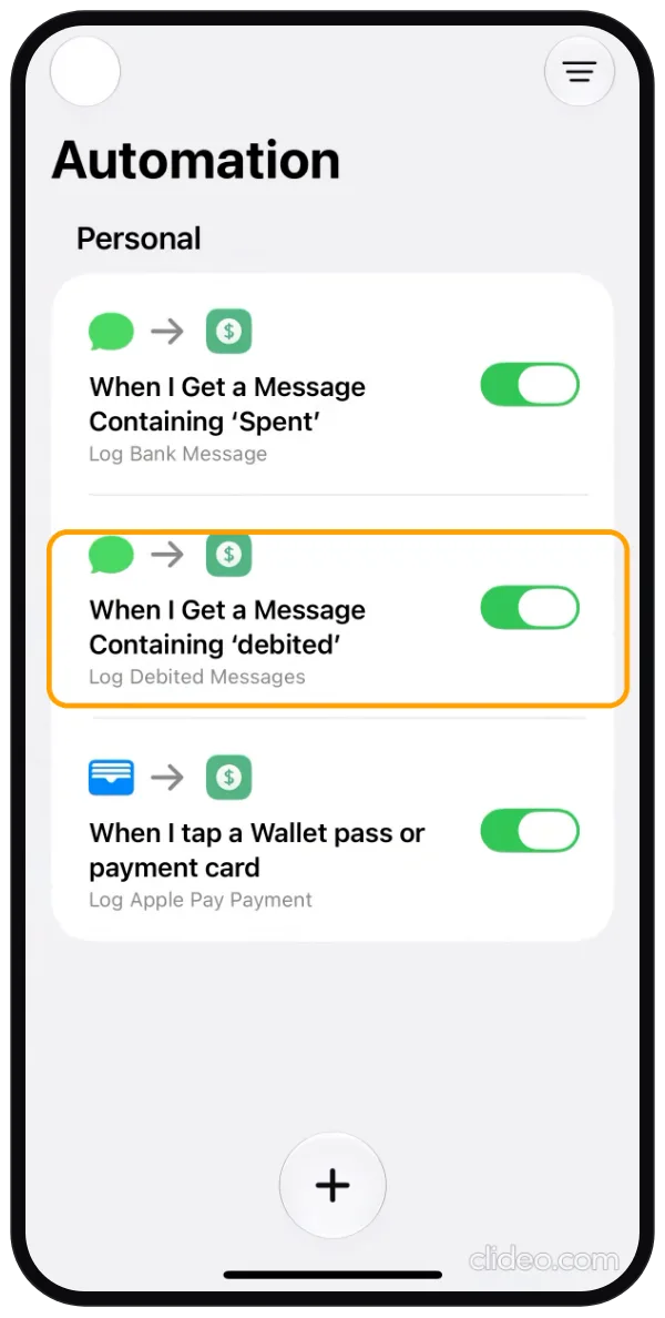 Step 6: The Automation list with the debited message automation switched on