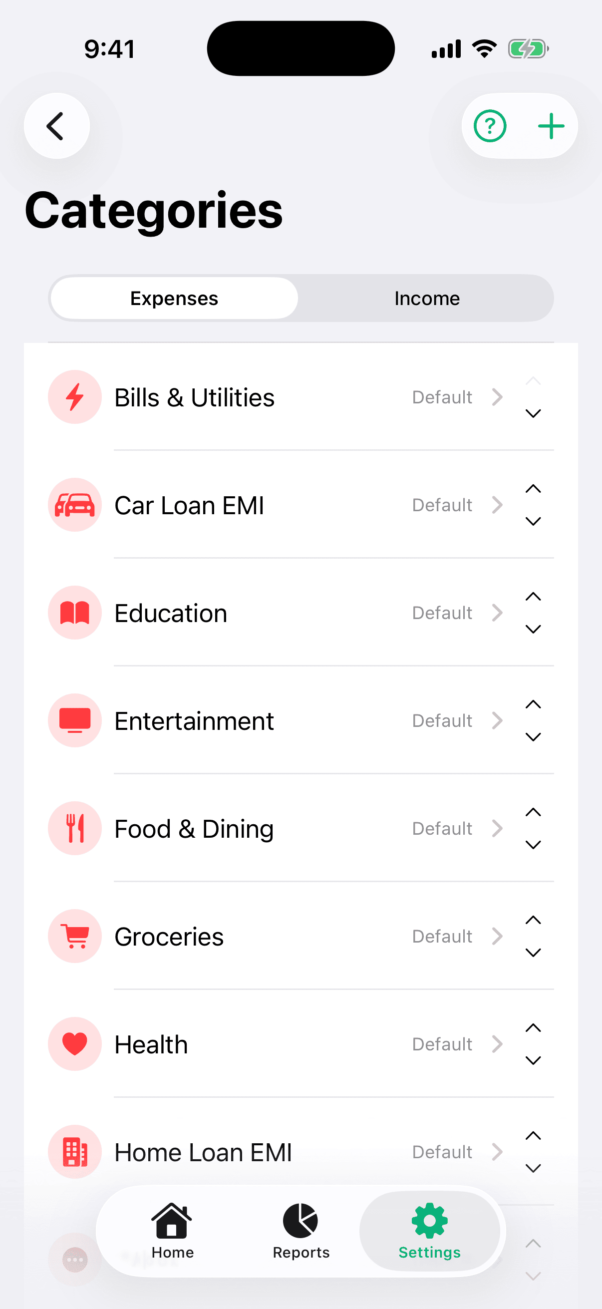 Manage Categories screen showing the list of categories with reorder handles, plus button, and swipe-to-delete.
