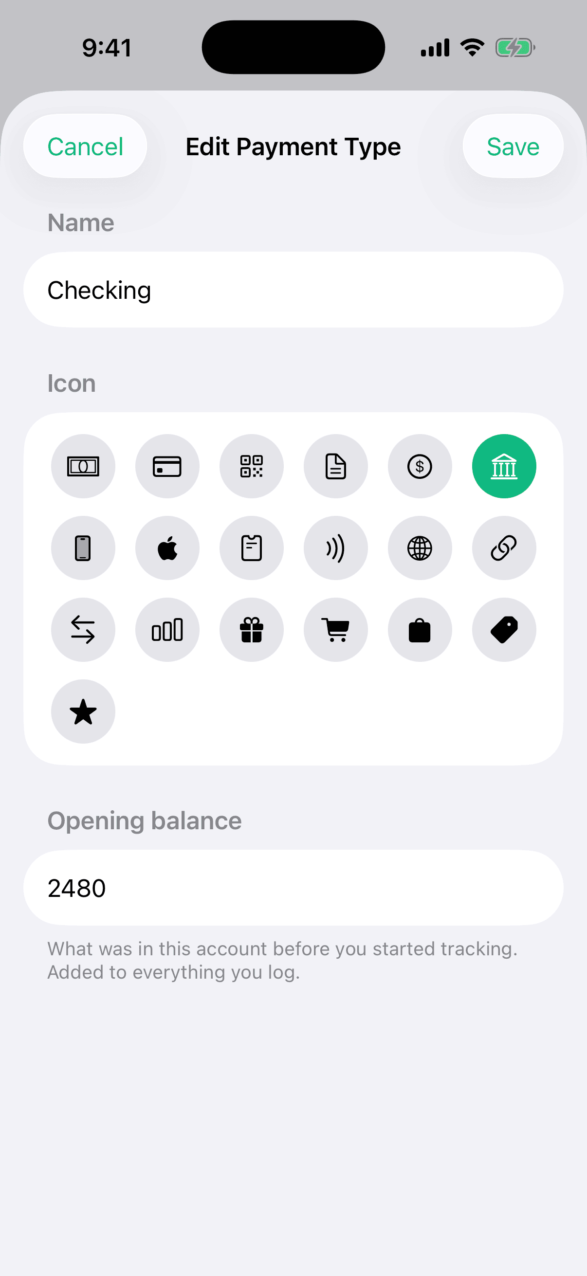 The Edit Payment Type screen for a Checking account, with 2480 filled into the Opening balance field below the icon picker and the note explaining that the amount is added to everything you log.