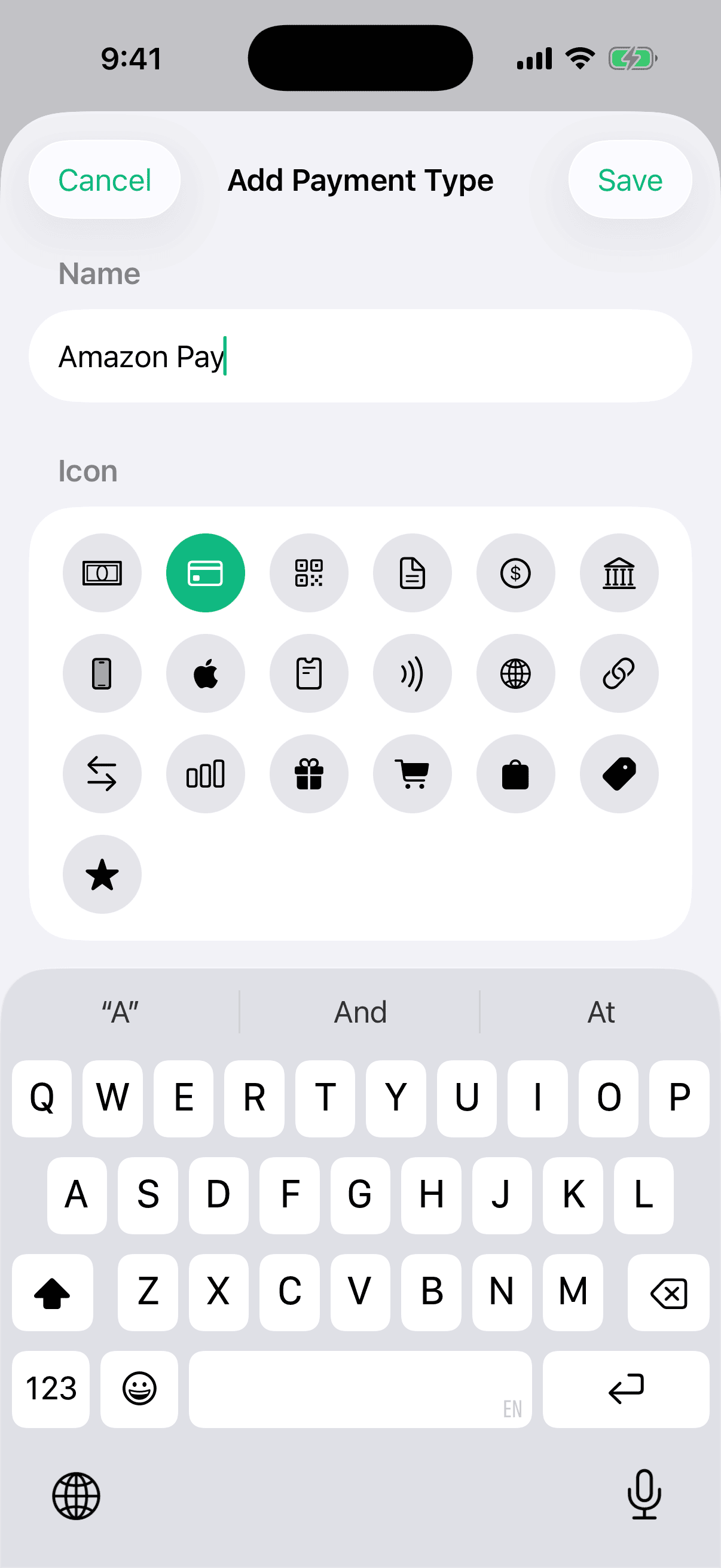 Add Payment Type sheet with the name "Amazon Pay" typed into the name field.