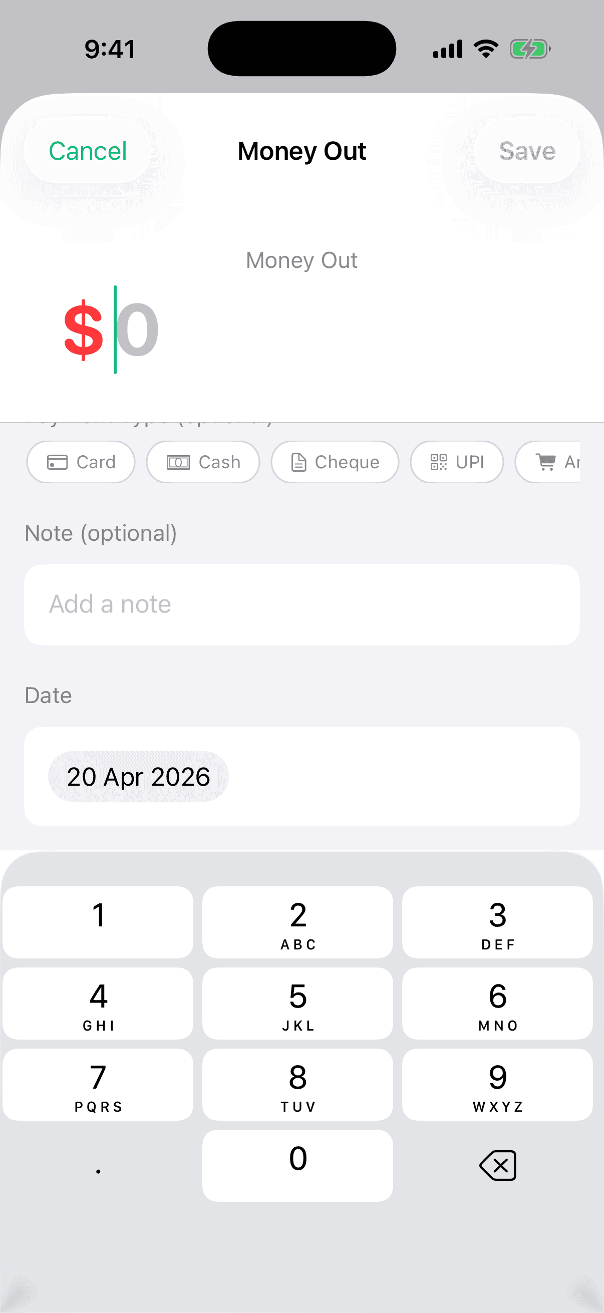 Add Expense screen with the Payment Type chip row showing Amazon Pay alongside Cash, Card, and UPI.