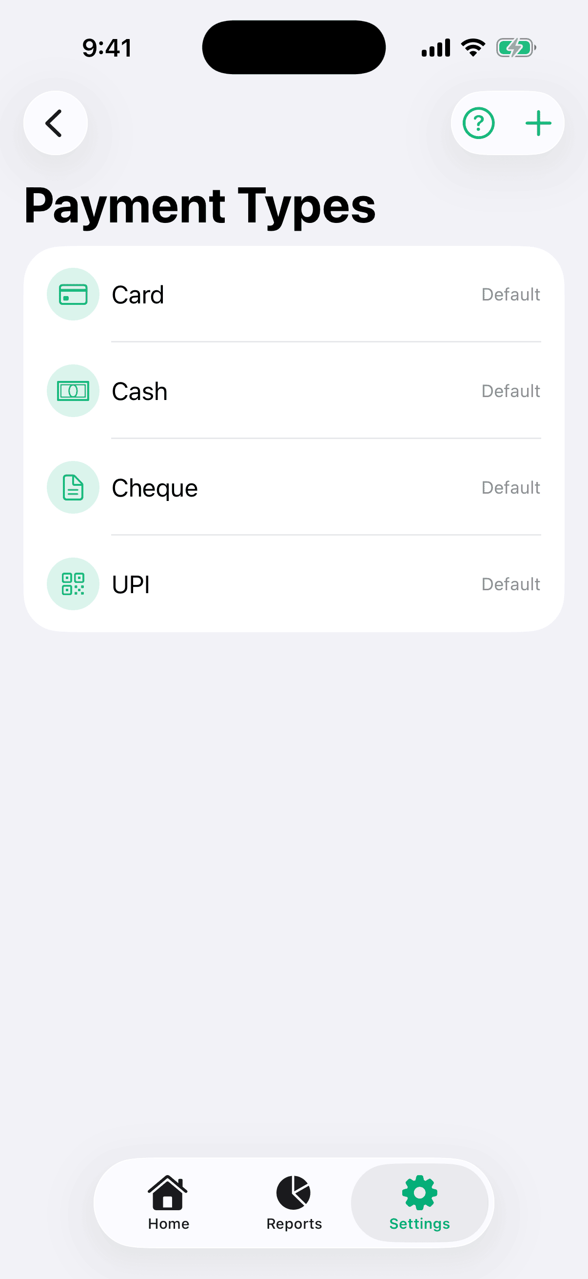 Manage Payment Types screen showing the list of payment methods (Cash, Card, UPI, Cheque) with the add button in the top-right corner.