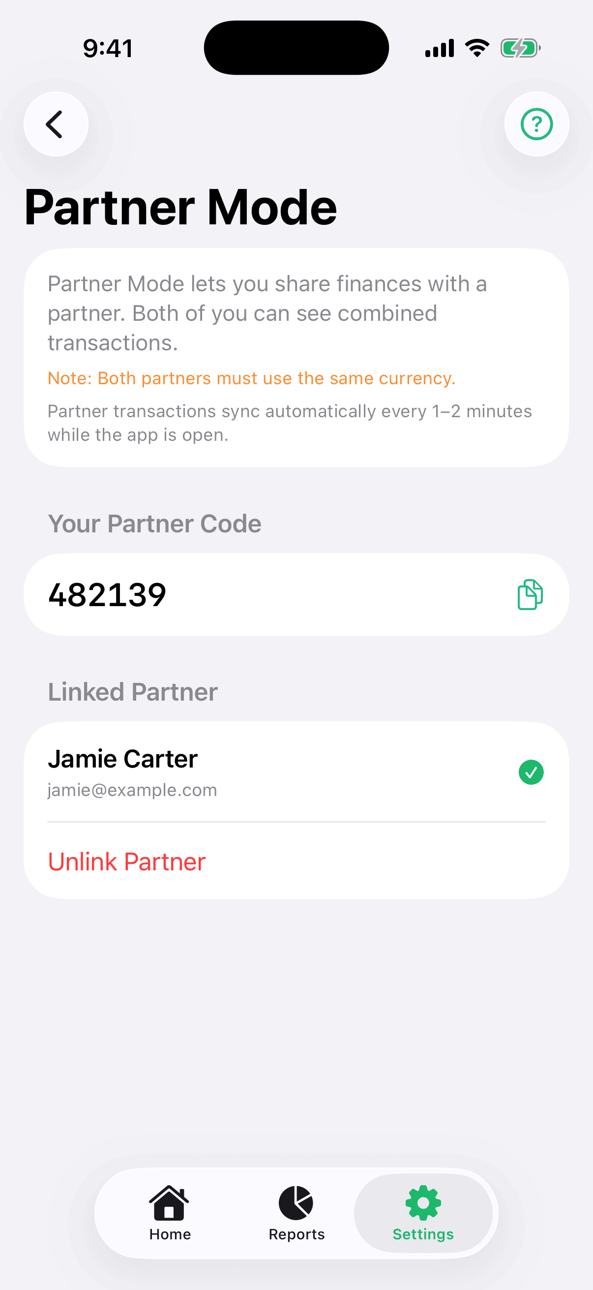 Partner Mode screen showing the linked partner and the Me / Combined / Partner filter tabs on the Home screen.