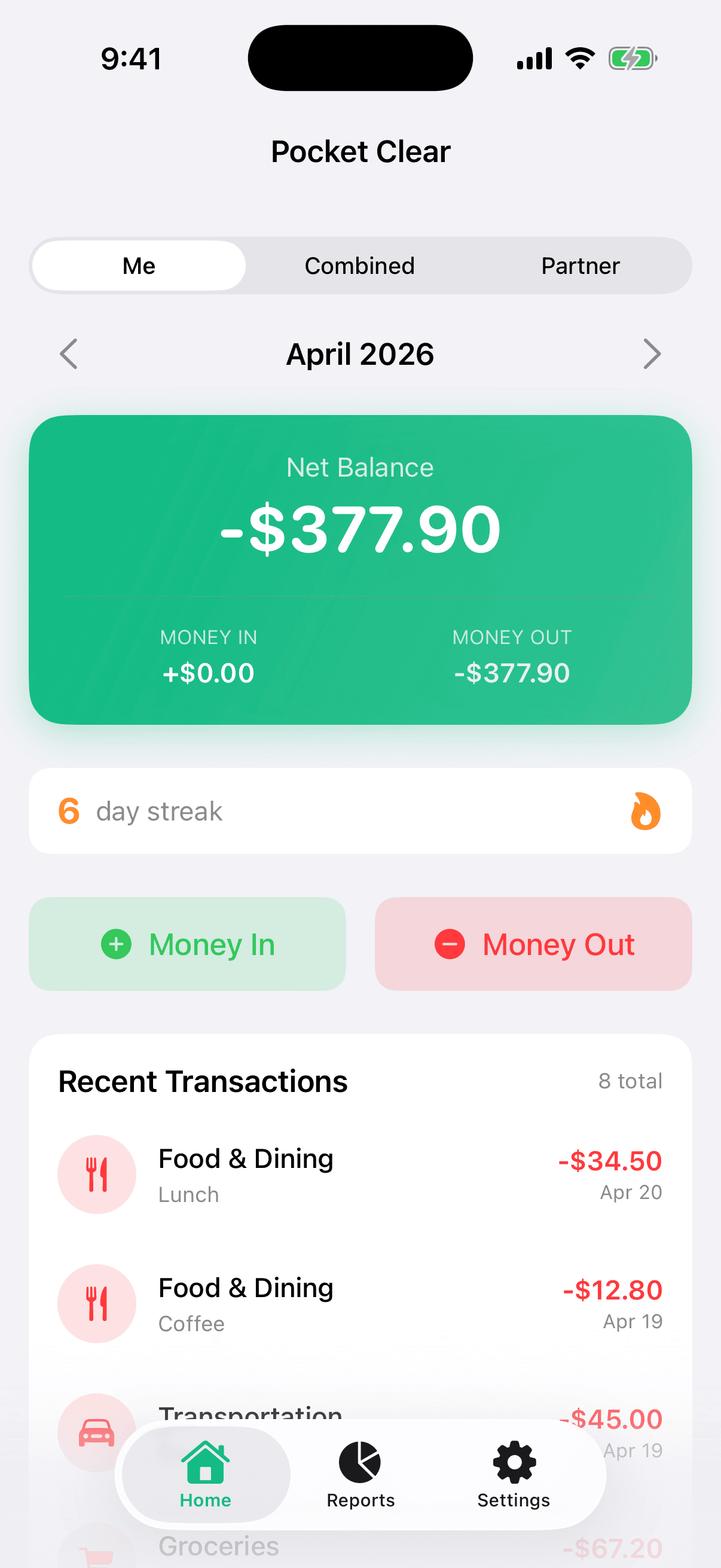 Home dashboard after pairing, showing the Me / Combined / Partner filter tabs above the summary card and combined transactions below.