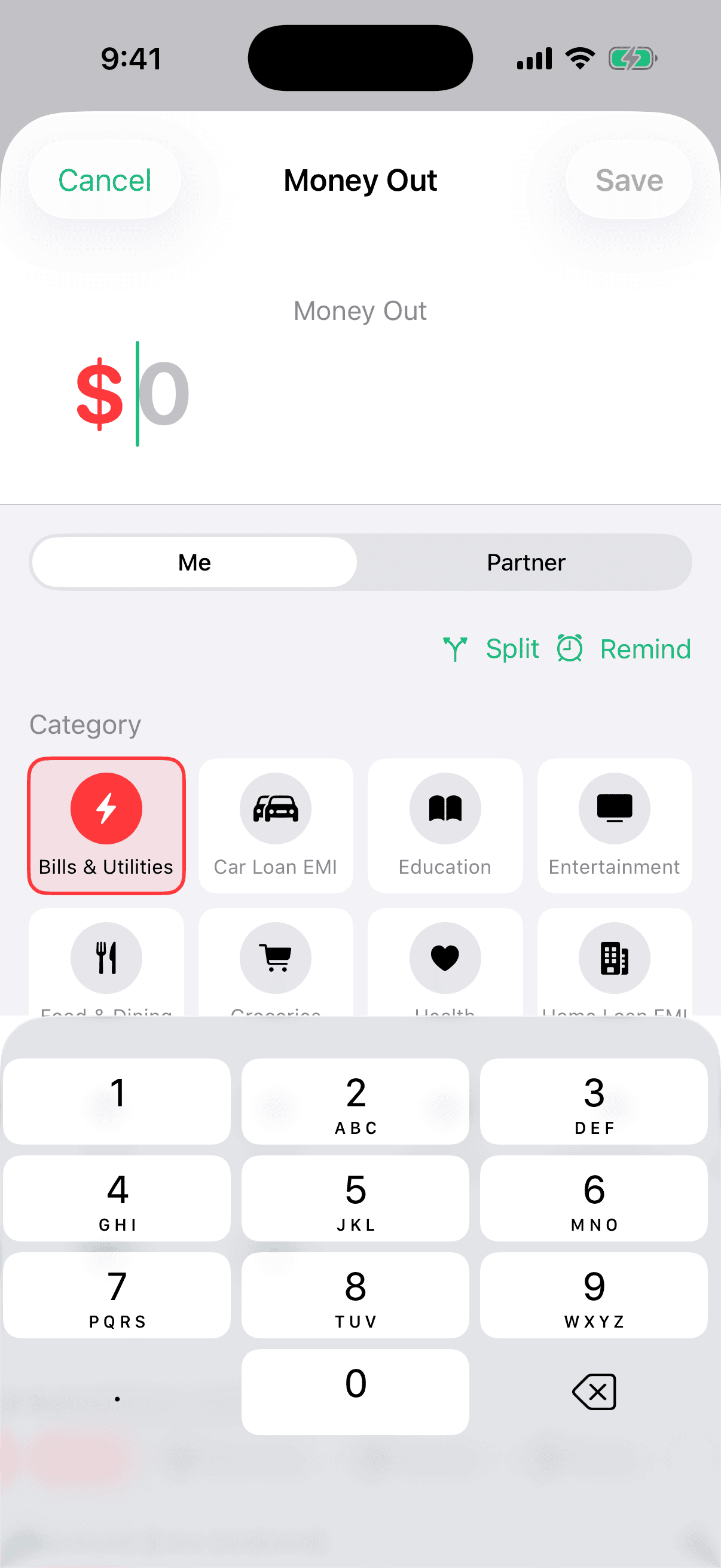Add Transaction sheet after pairing, showing the Me / Partner owner selector at the top so you can attribute the expense to either person.
