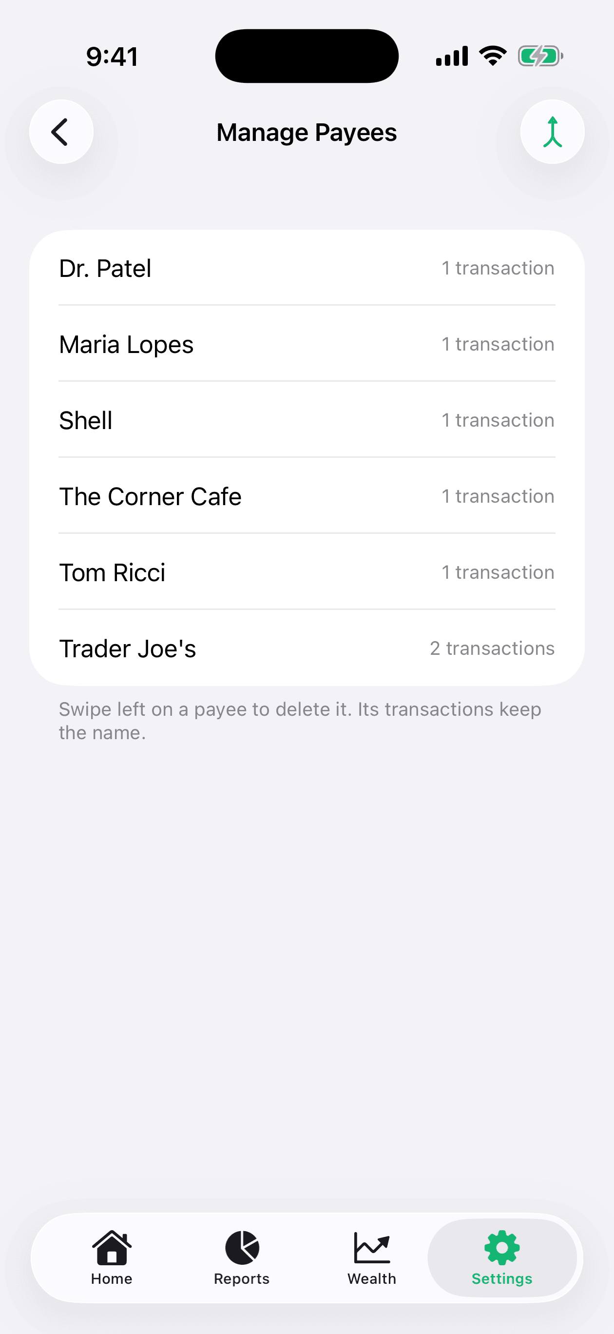 Manage Payees screen listing six saved payees, each with the number of transactions attached to it, and the merge button in the top-right corner.
