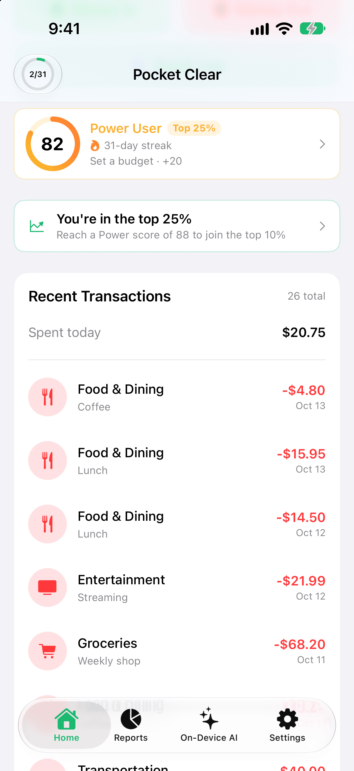 Home screen for a Pro user: the Power score card at 82, Power User, Top 25%, and below it a card reading You're in the top 25%, Reach a Power score of 88 to join the top 10%.
