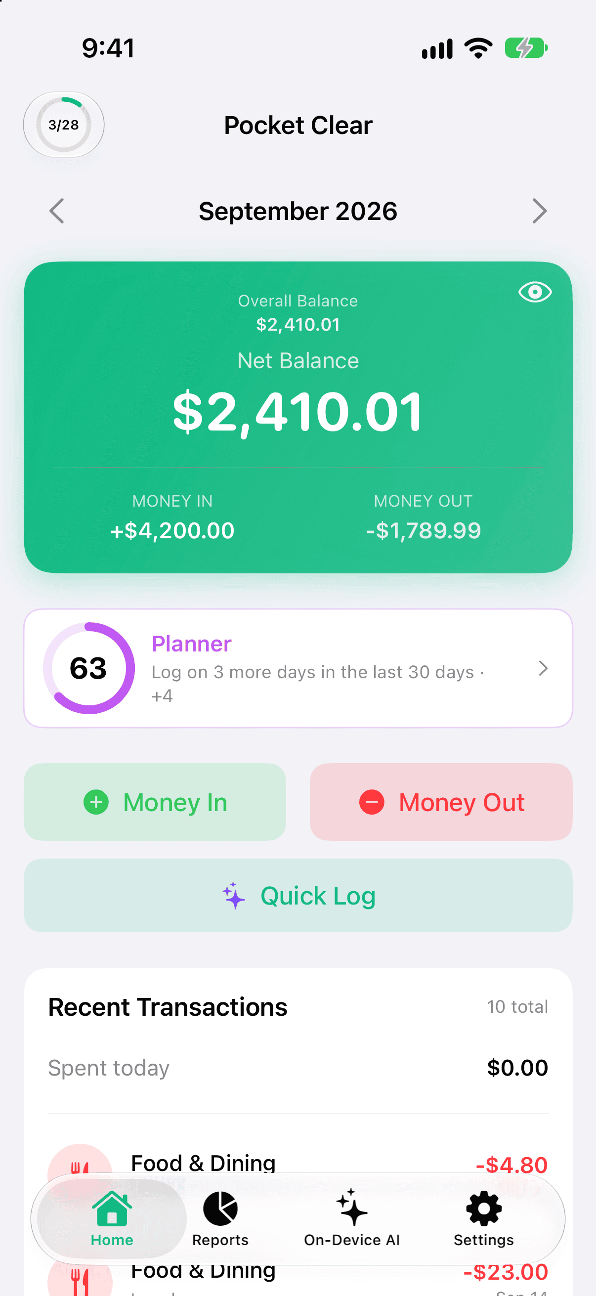 Home screen showing the Power score card under the balance card: a purple ring reading 63, the Planner tier, and the next-step hint, Log on 3 more days this month, +4.