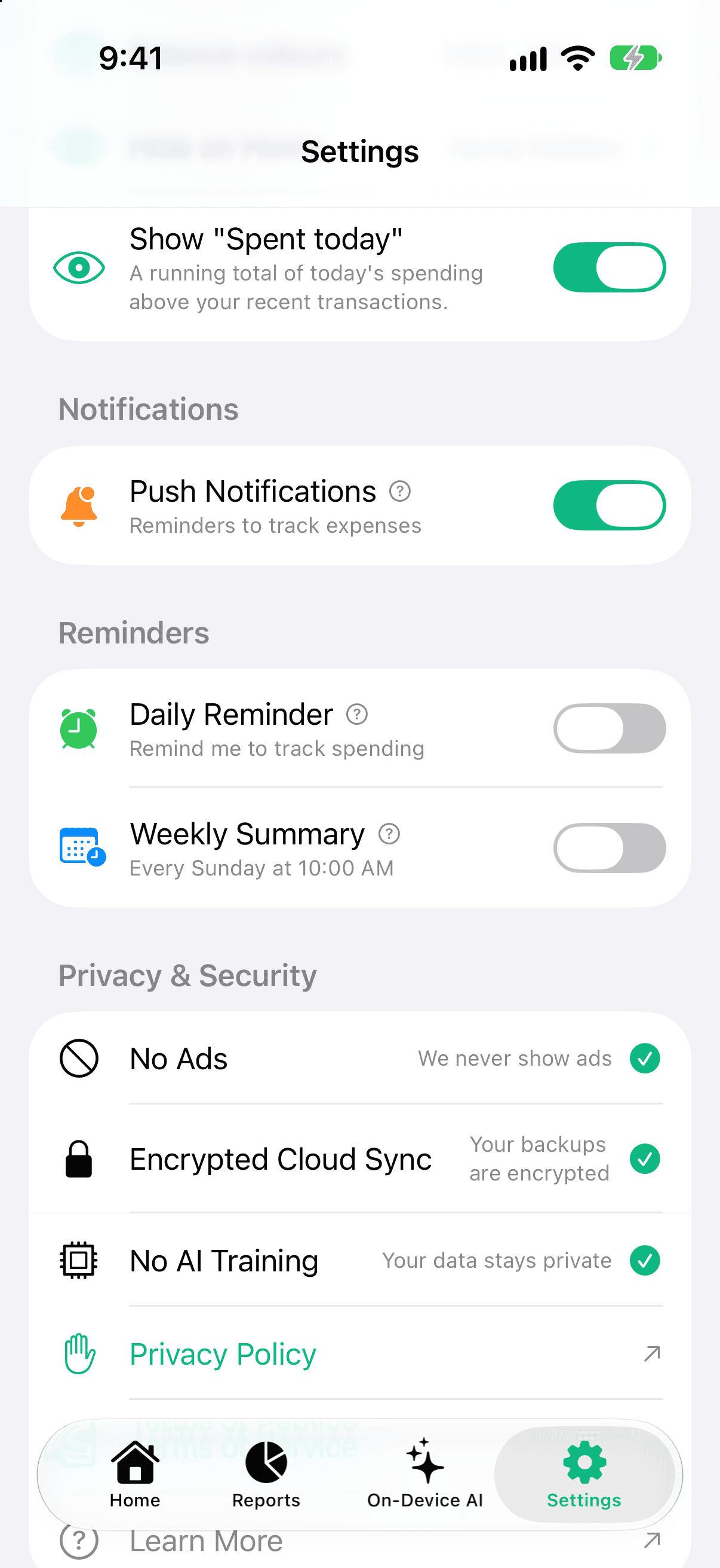 Privacy section in the app's About screen showing the privacy pillars with their icons: No Ads, Encrypted Cloud Sync, No AI Training.
