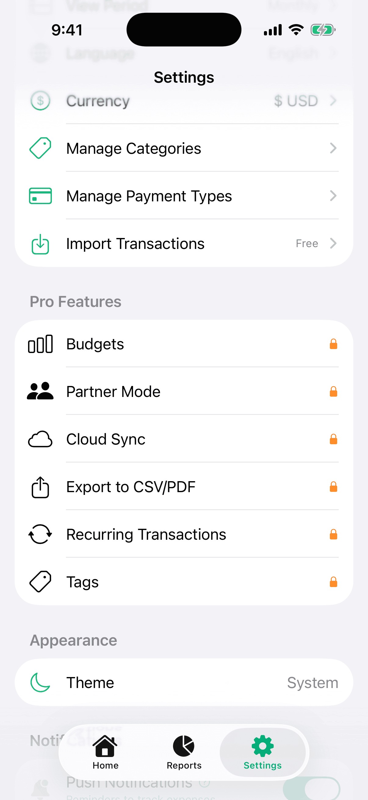 Notifications settings screen showing toggles for each notification type.