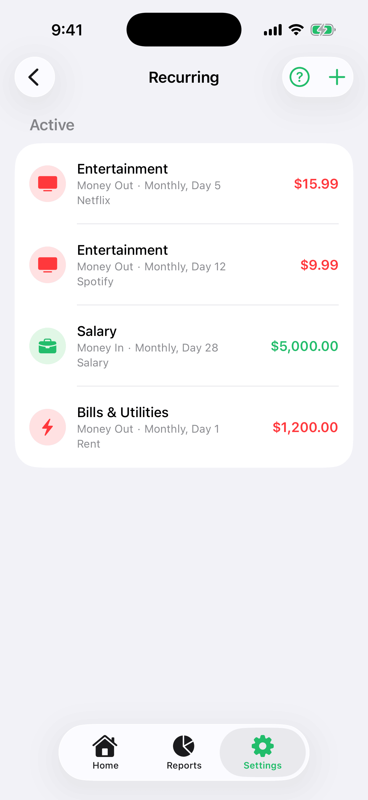 Recurring Transactions list showing Rent, Netflix, Spotify and Salary with their frequency and next charge date.