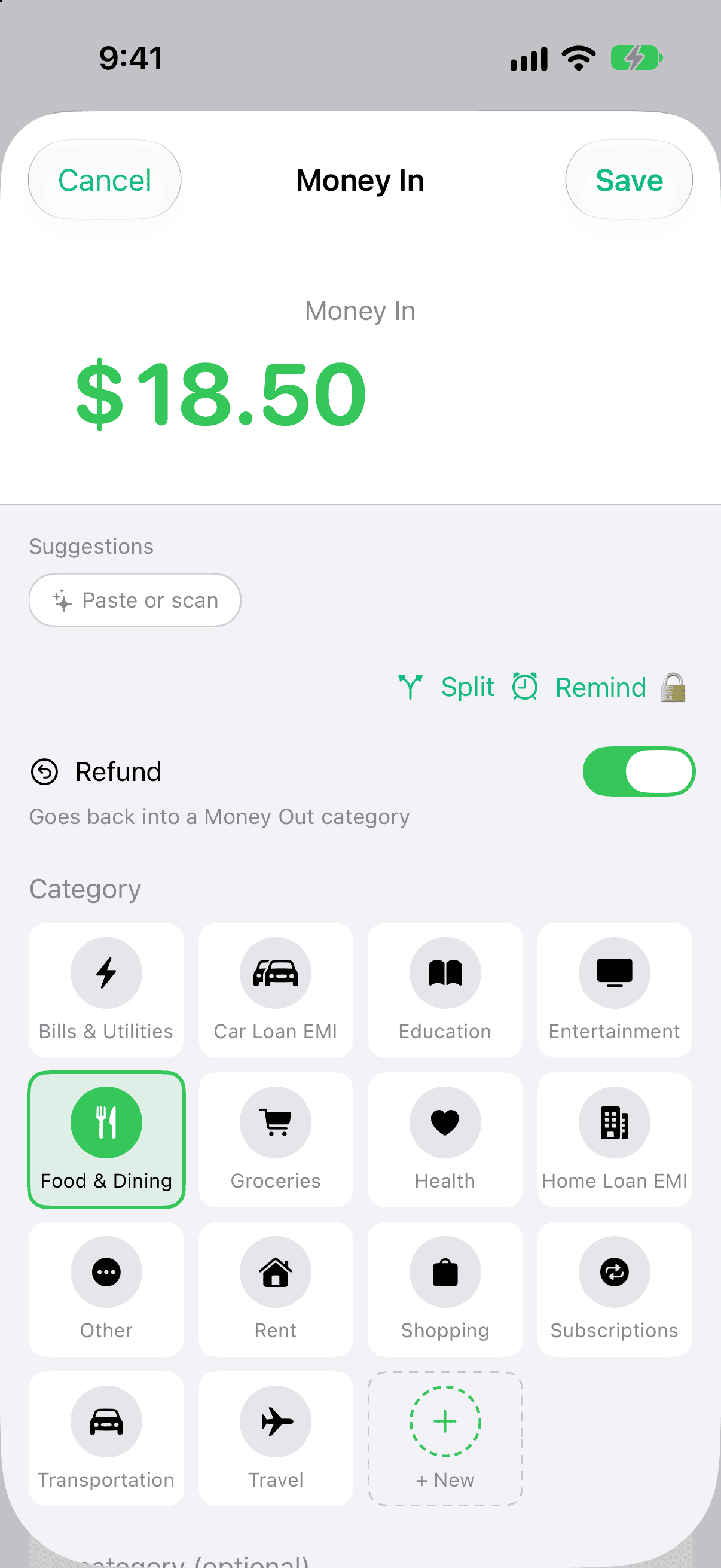 Money In sheet for $18.50 with the Refund switch on, the hint "Goes back into a Money Out category" under it, and the Money Out category grid with Food & Dining selected.