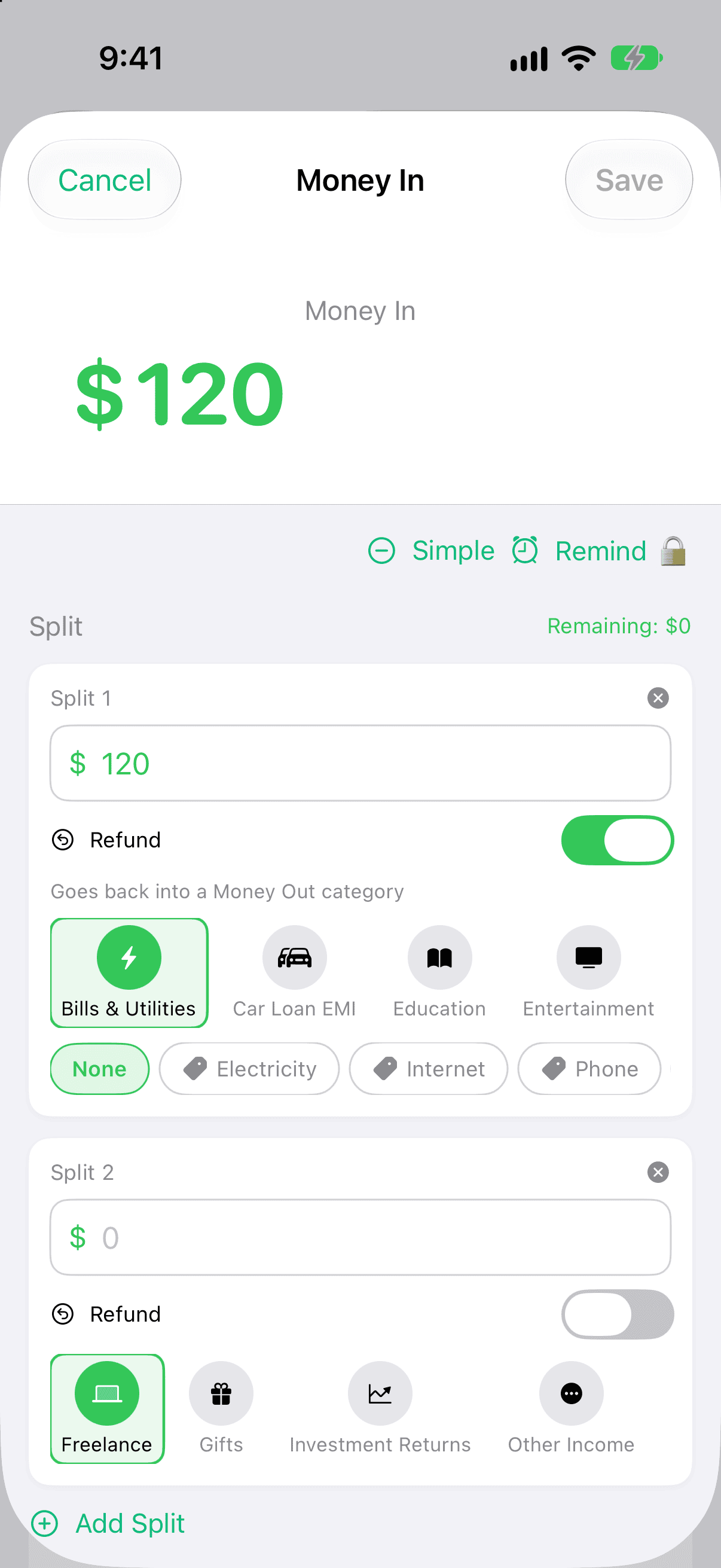 A Money In split of $120: Split 1 has Refund switched on and shows Money Out categories with Bills & Utilities picked; Split 2 stays income with Freelance.