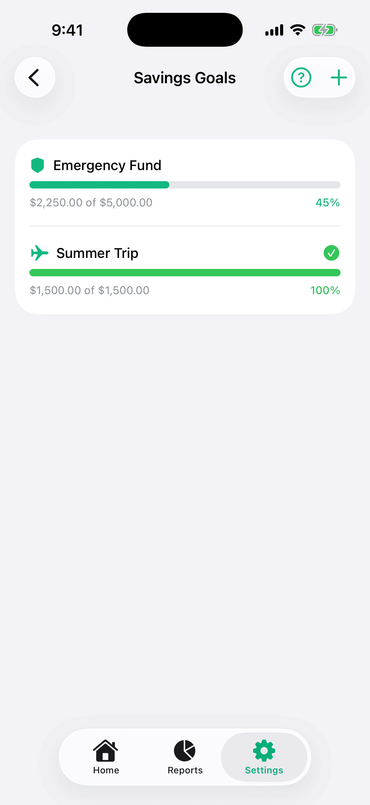 Savings Goals screen showing two goals — Emergency Fund at 45% progress and Summer Trip at 100% (complete).