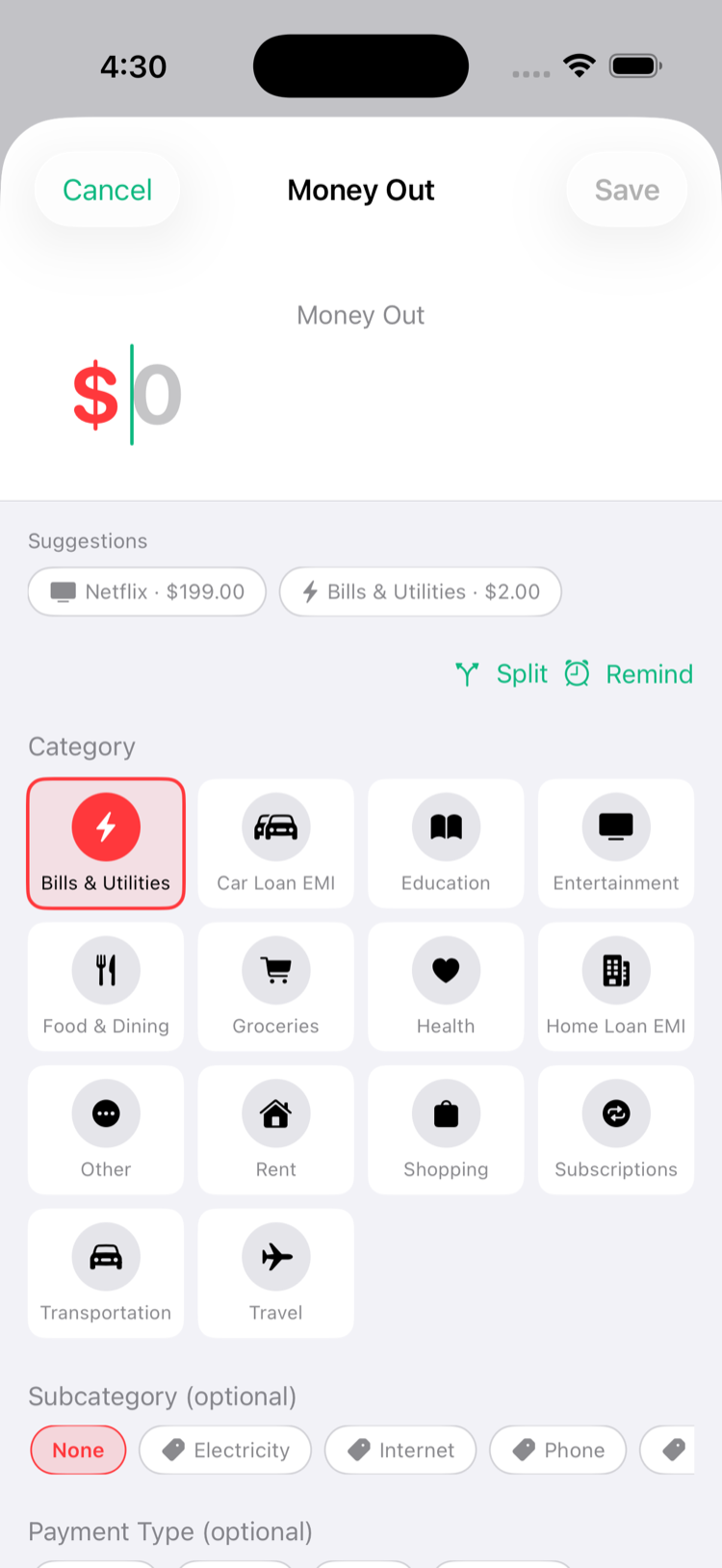 Add Transaction screen with two Smart Suggestions chips above it: 'Netflix · $199.00' and 'Bills & Utilities · $2.00'.
