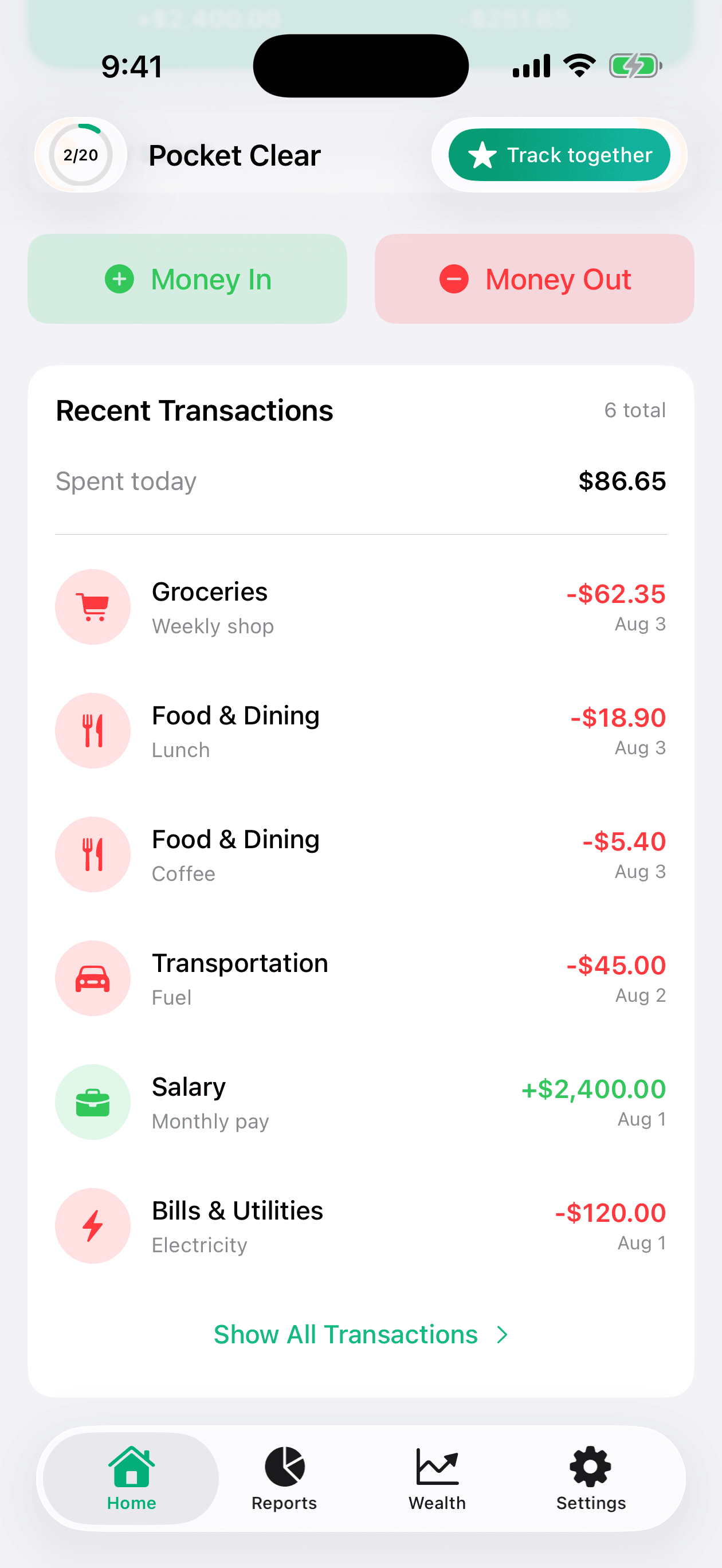 Recent Transactions card on the Home screen with the Spent today line, totalling what has been spent so far today, above the first transaction row.