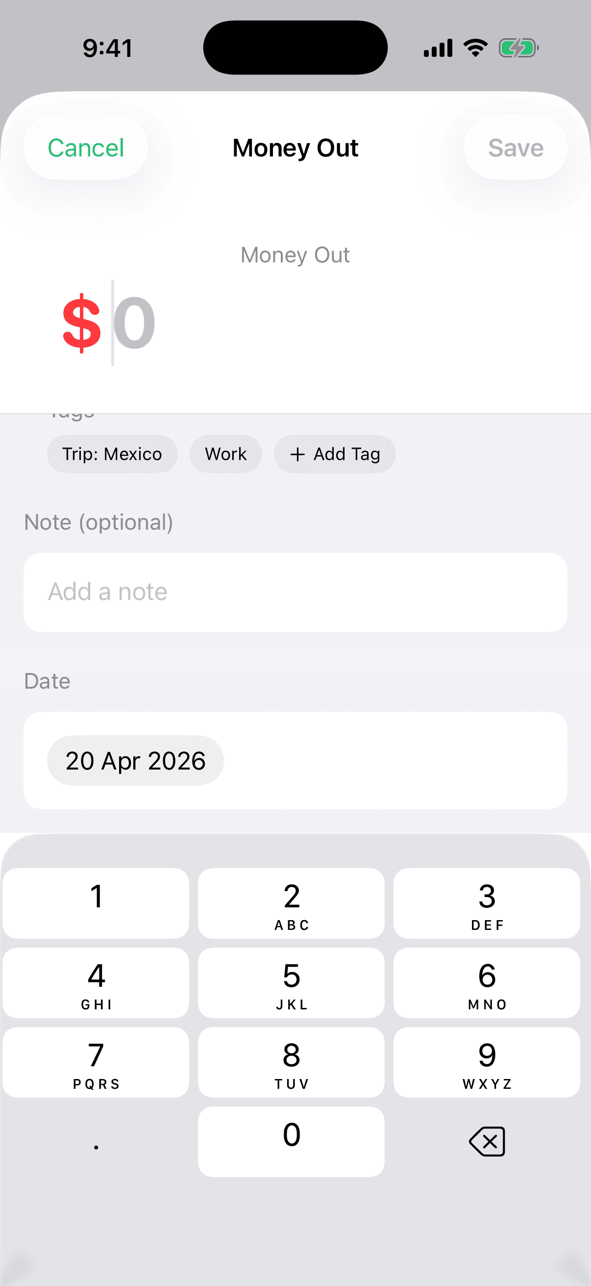 Add Transaction sheet showing the Tags chip row with "Trip: Mexico" and "Work" tags available to attach to the transaction.