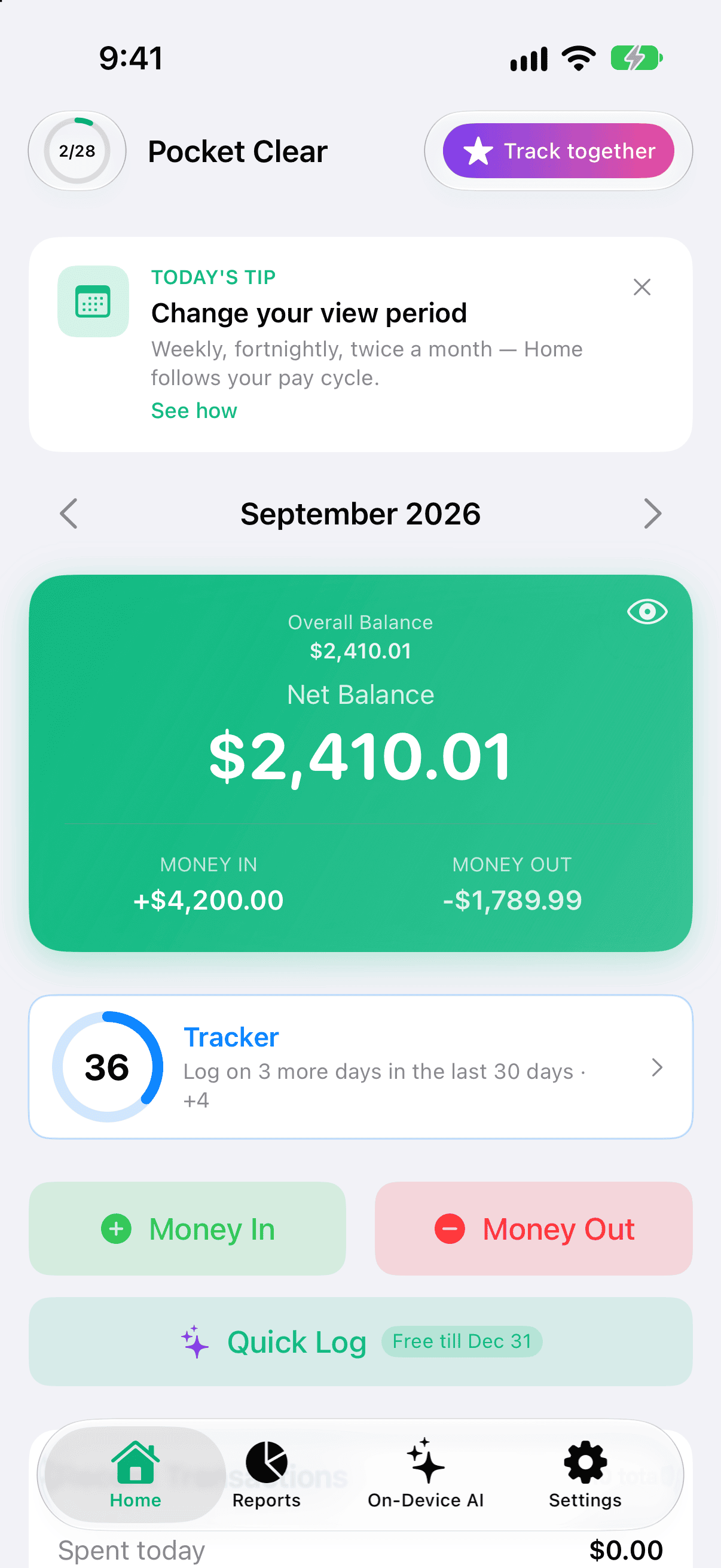 Home screen showing the Today's tip card above the balance card, with the tip's icon, title and a one-line teaser.