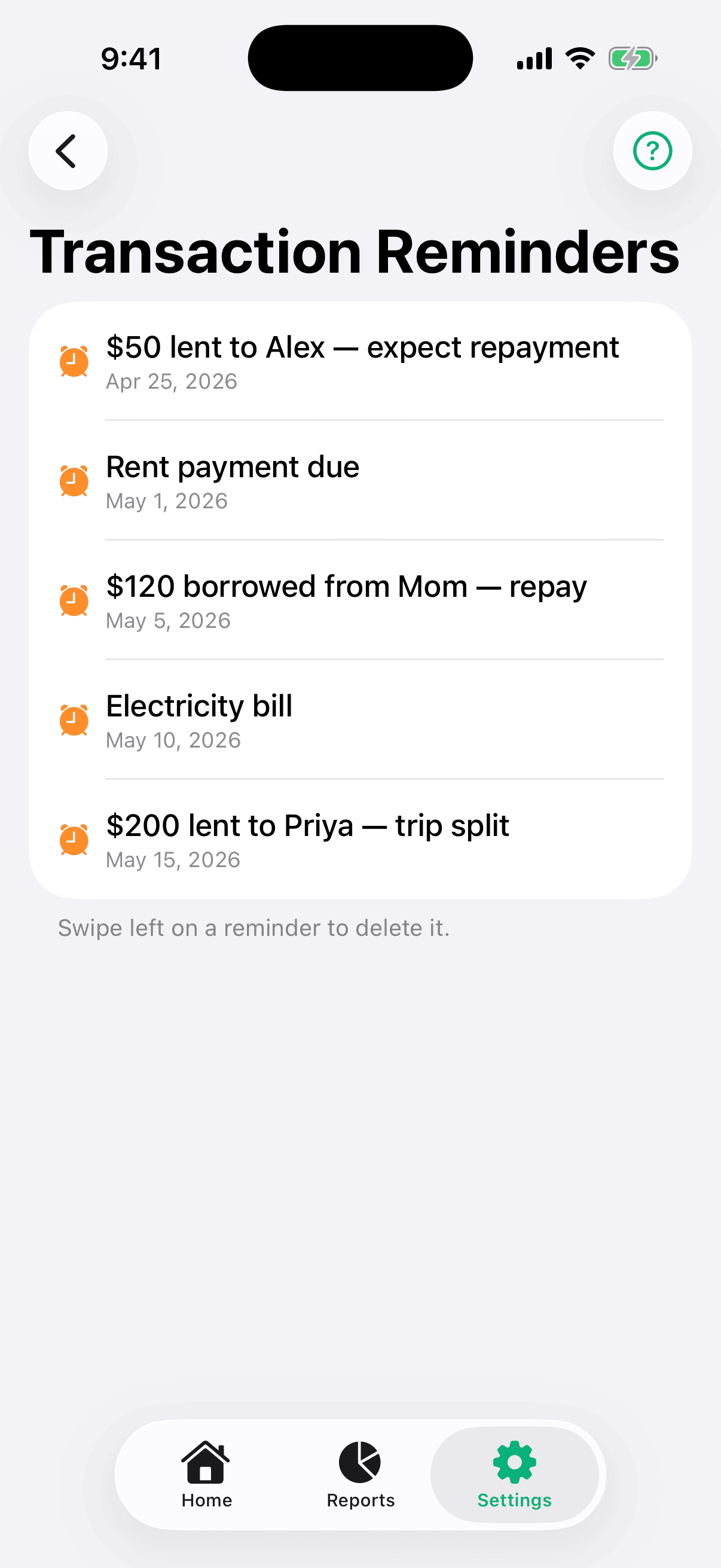 Transaction Reminders list showing upcoming reminders with names, amounts, and next notification dates.
