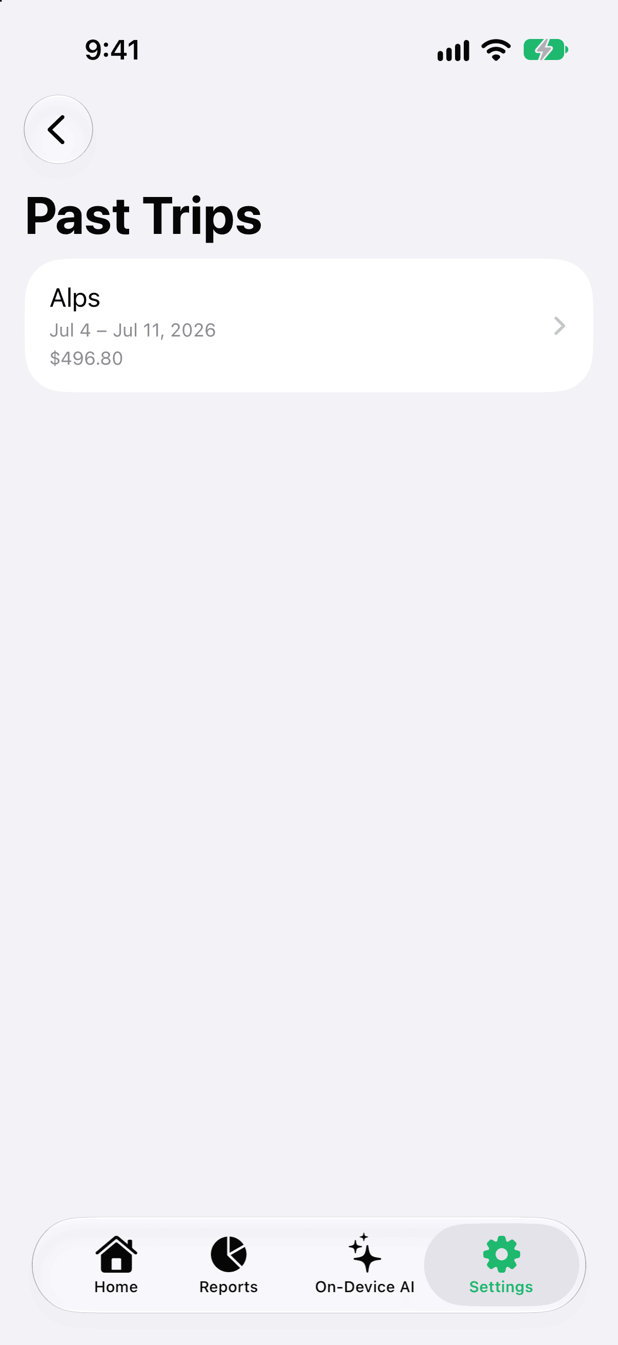 Finished trips keep their dates and total in Settings.