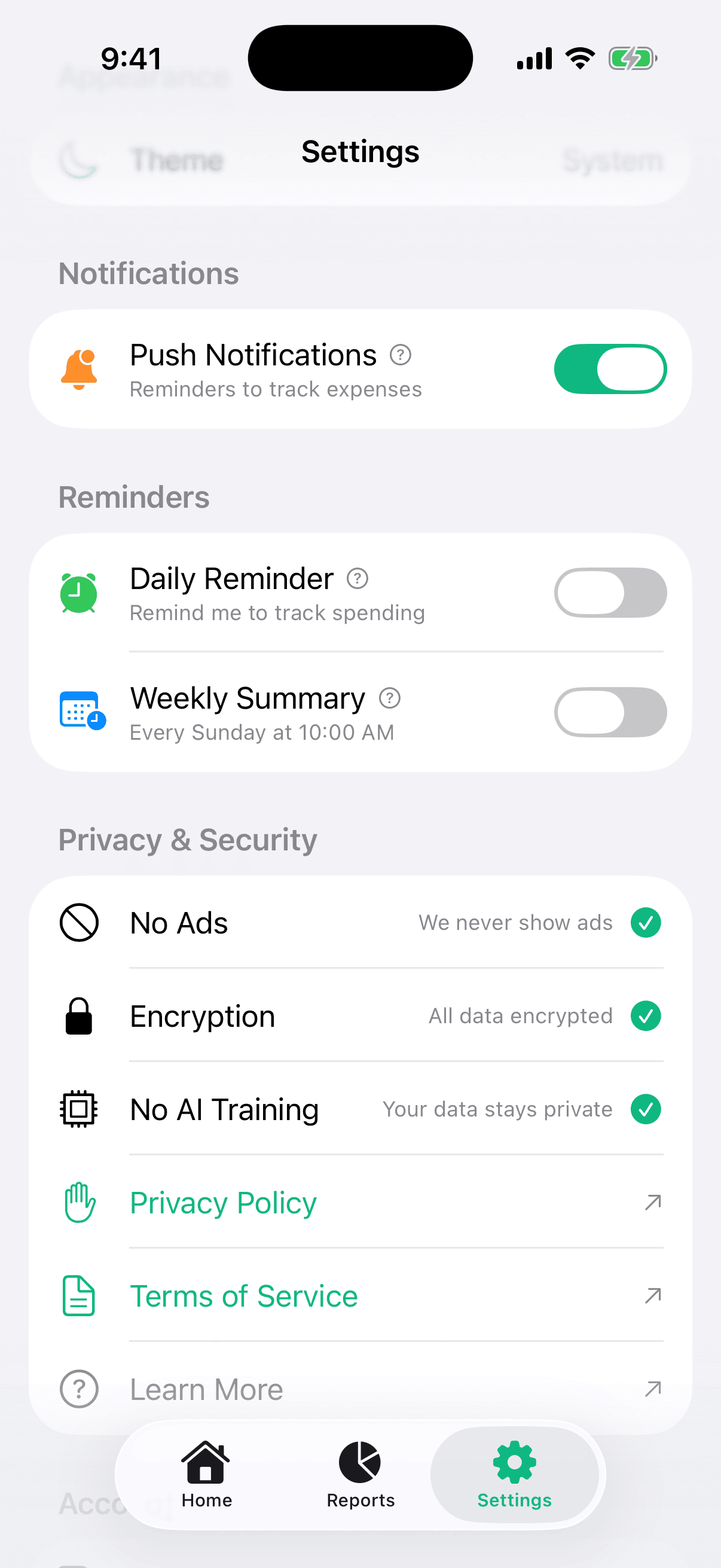 Example weekly summary notification showing total spent, top 3 categories, and a percentage change compared to the previous week.