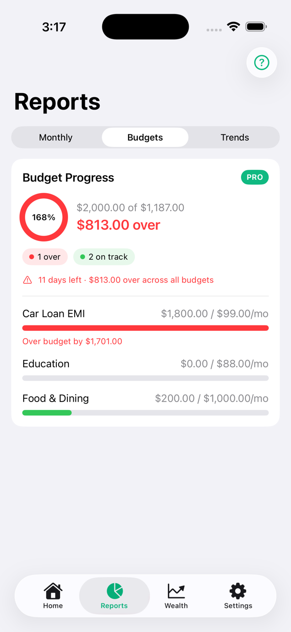 Budgets screen showing a budget-progress ring, amount remaining, and per-category spending bars