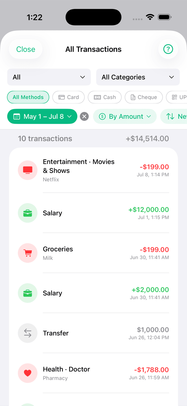 All Transactions screen with multi-category filters and sorting