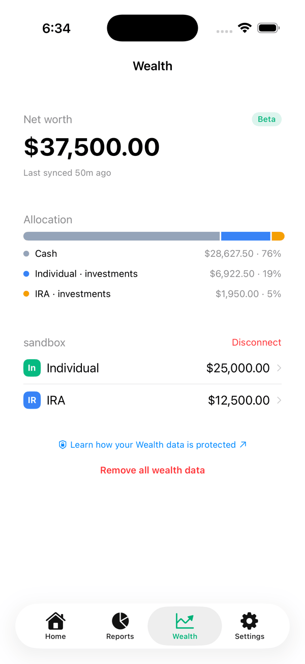 Pocket Clear Wealth dashboard showing total net worth, asset allocation, and connected brokerage accounts