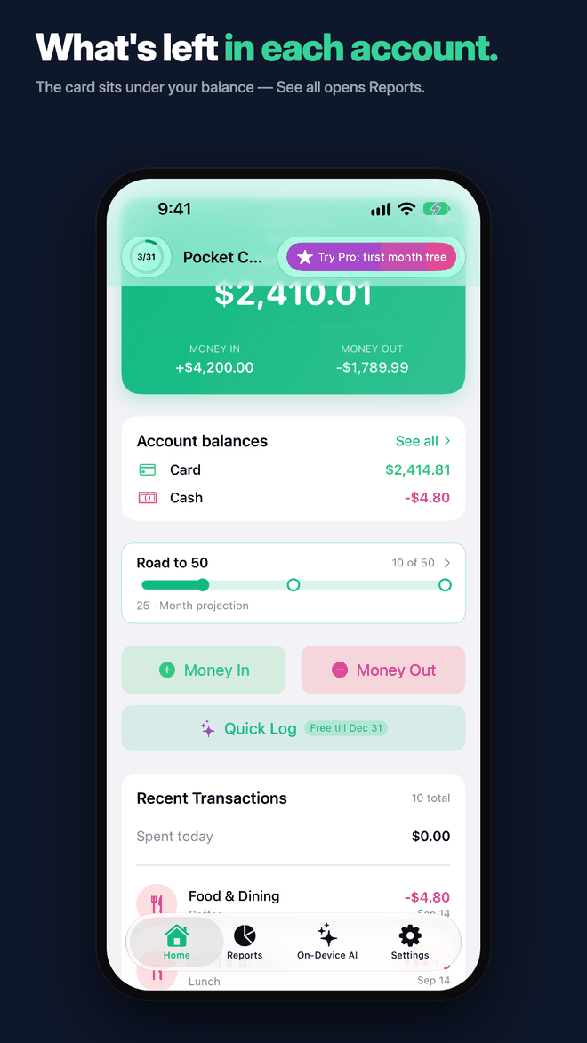 What's left in each account — an optional Account balances card on Home.