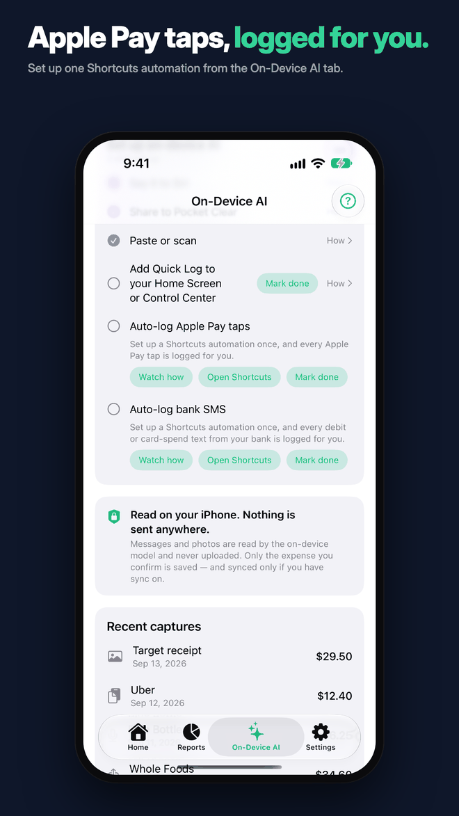 The On-Device AI tab setup checklist with Auto-log Apple Pay taps and Auto-log bank SMS, each with Watch how, Open Shortcuts and Mark done buttons.